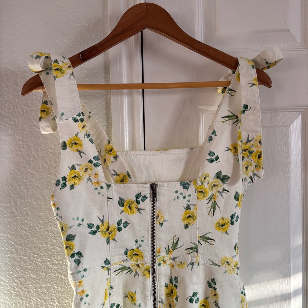 Alice + Olivia Maryann Tie Shoulder Mini Dress Yellow Floral White Denim size 4 - Picture 5 of 9